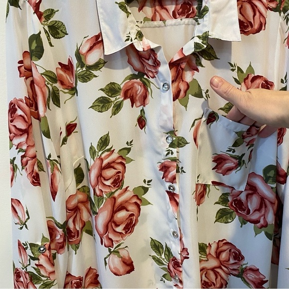 Guess XL Floral Rose Print 3/4 Sleeve Collared Blouse - Picture 8 of 17